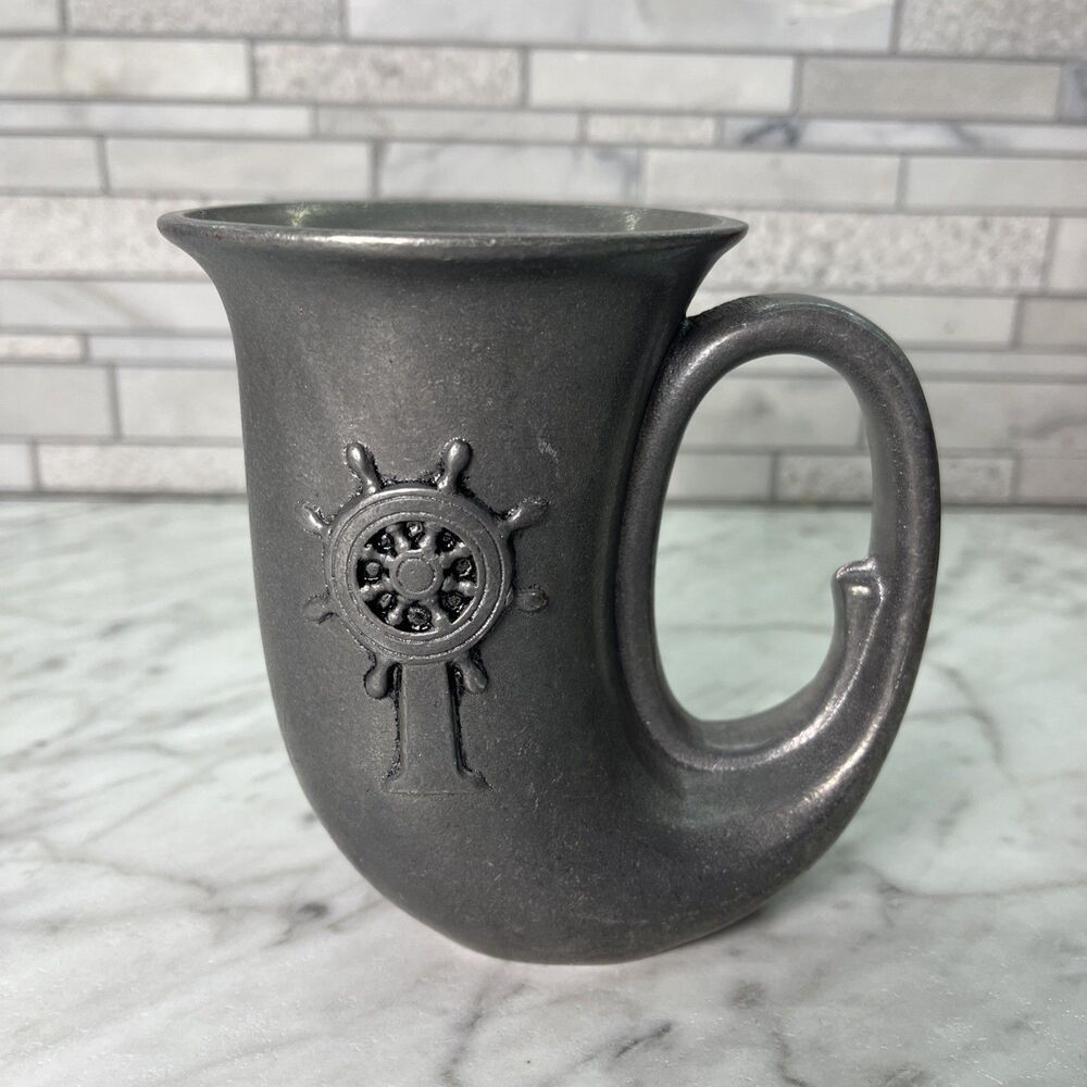 Rare Vintage Wilton Armetale Pewter Alloy Horn Mug Nautical Ships Wheel 5in tall